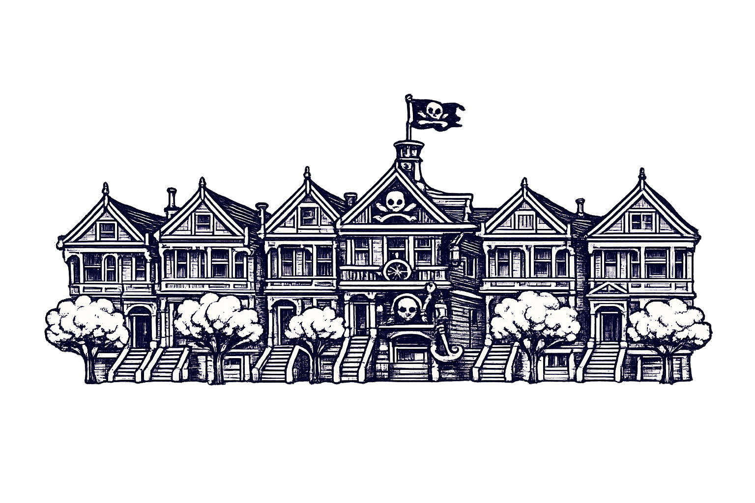 Illustration of San Francisco's Painted Ladies flying a pirate flag
